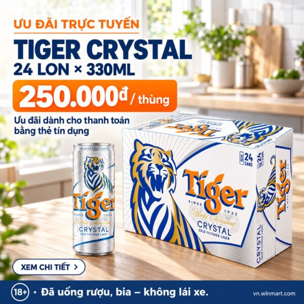 Nồng độ cồn 4.6% - Thùng 24 lon bia Tiger Crystal 330ml