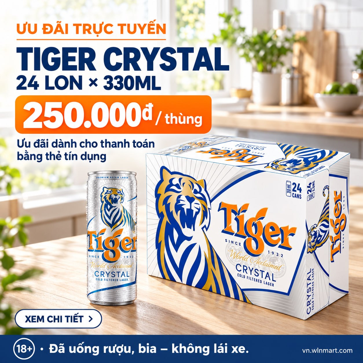 Nồng độ cồn 4.6% - Thùng 24 lon bia Tiger Crystal 330ml
